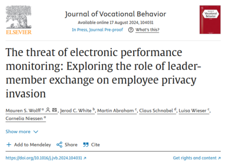 Zum Artikel "Artikel zu Electronic Performance Monitoring, Leader-Member Exchange (LMX) und Privacy Invasion veröffentlicht"